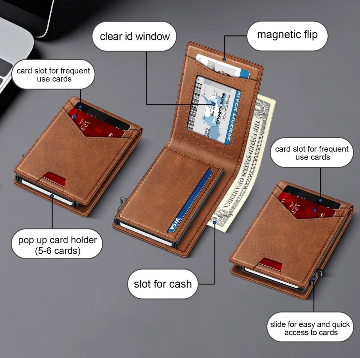 Valtro Pop-Up RFID Wallet in Brown - product view 2
